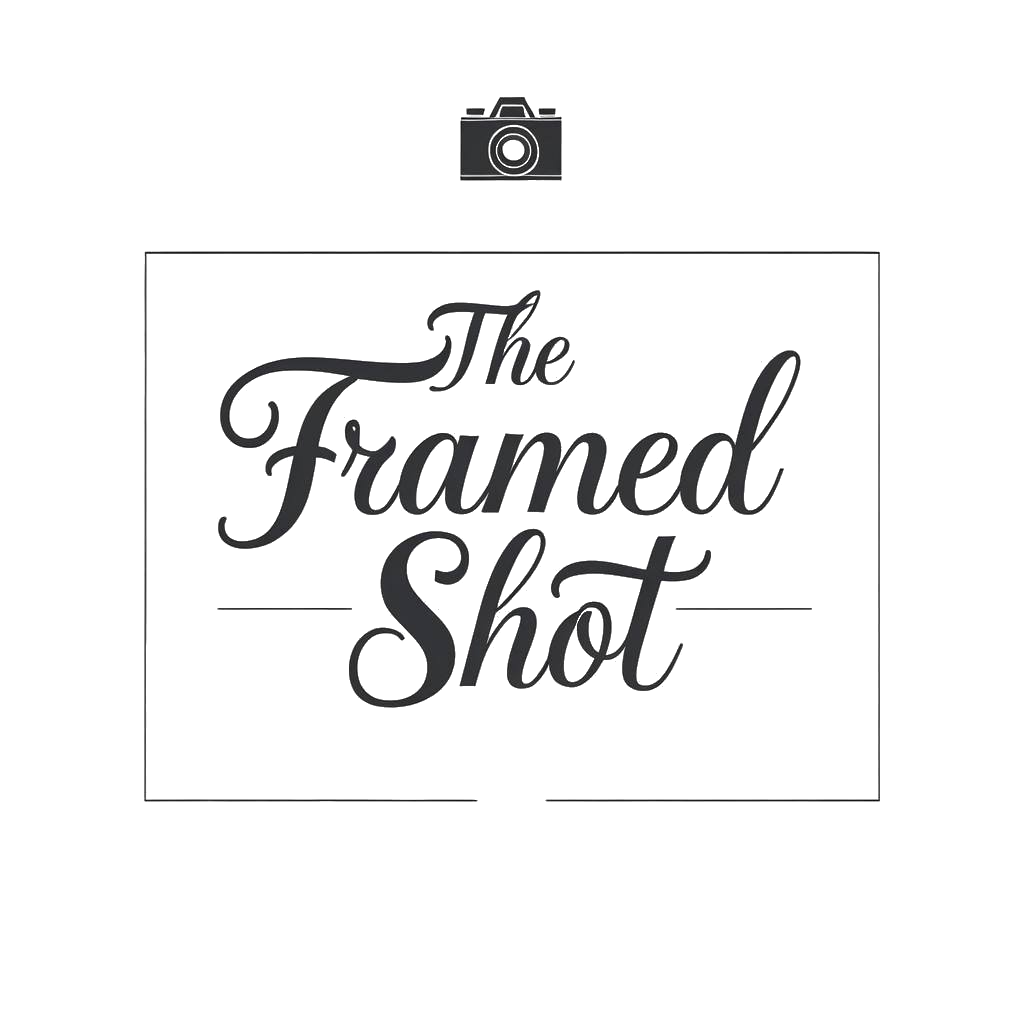 Black and white typography logo design for 'The Framed Shot' with camera icon.