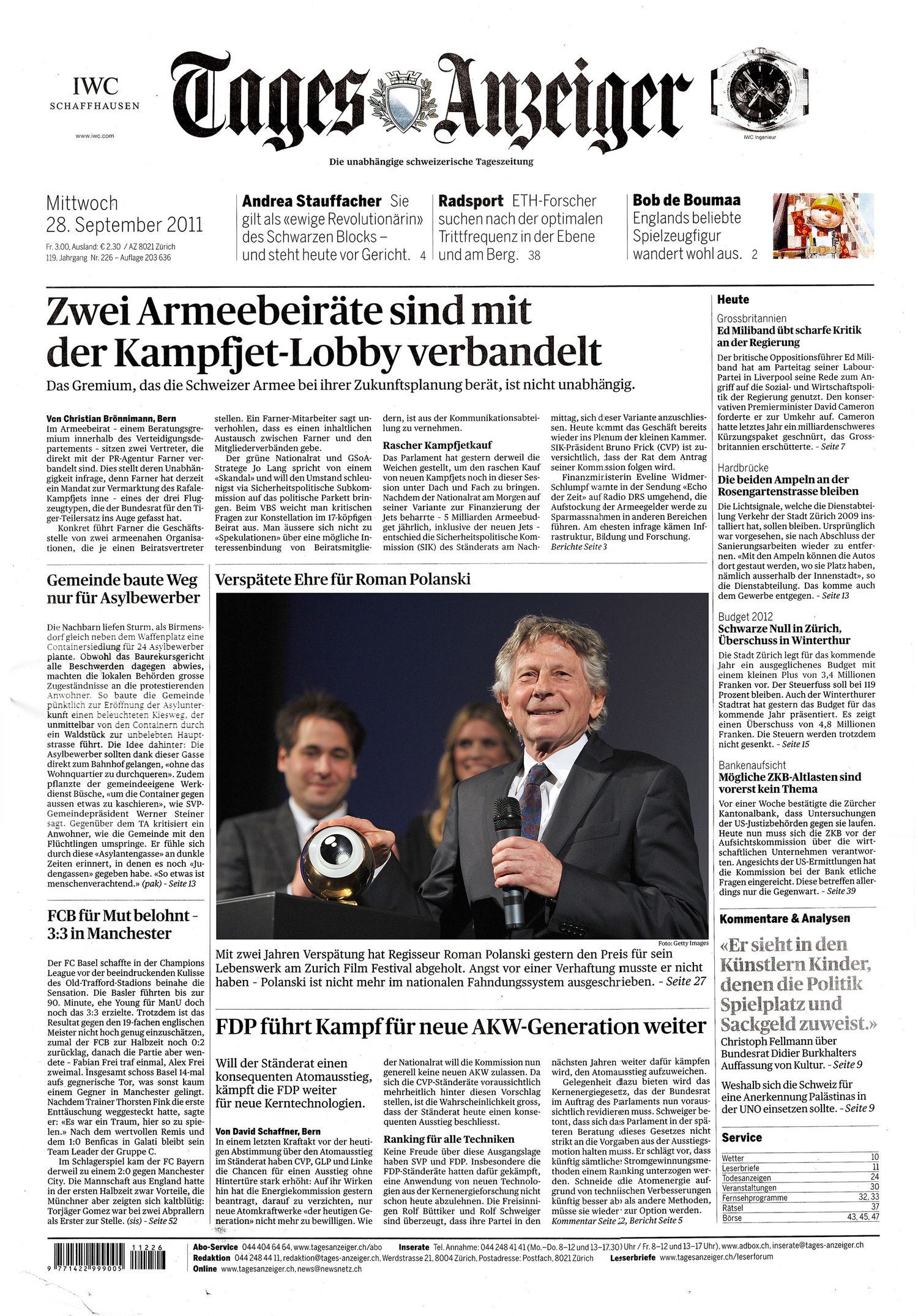Tages-Anzeiger Swiss German newspaper front page dated September 28 2011.