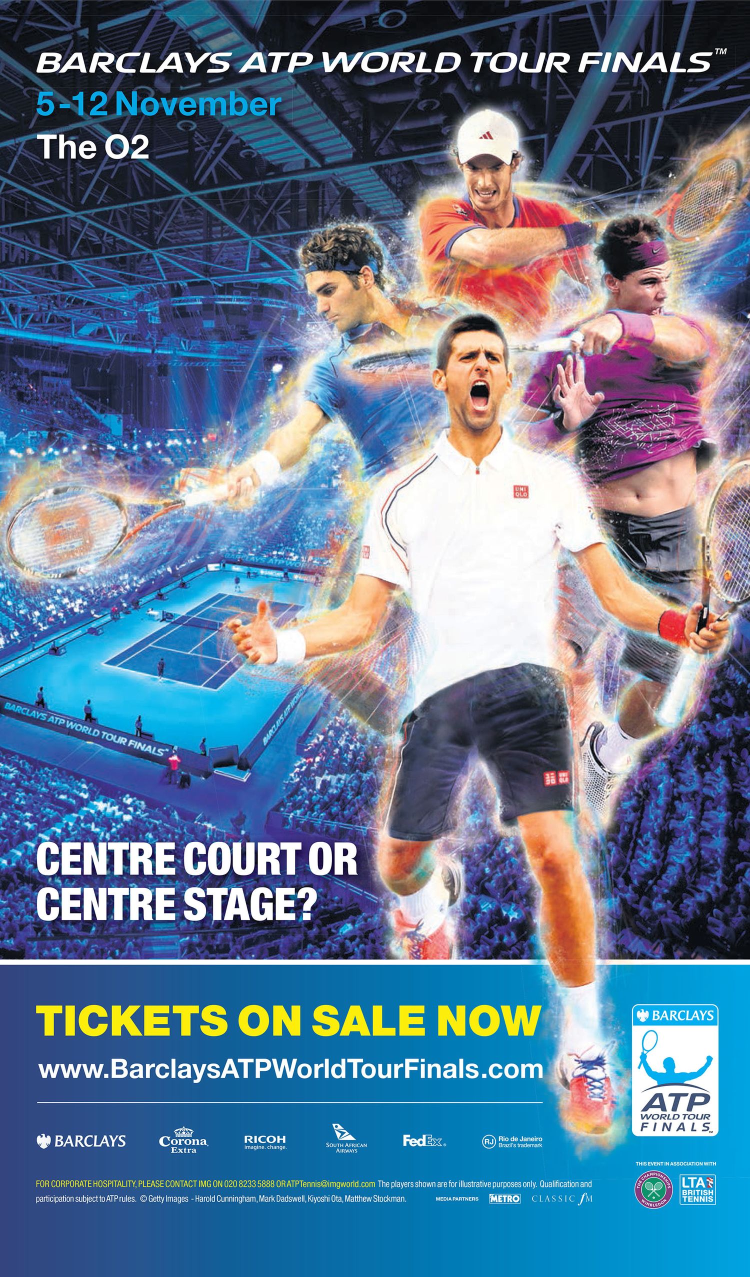 Barclays ATP World Tour Finals poster featuring Novak Djokovic with tickets on sale now message.