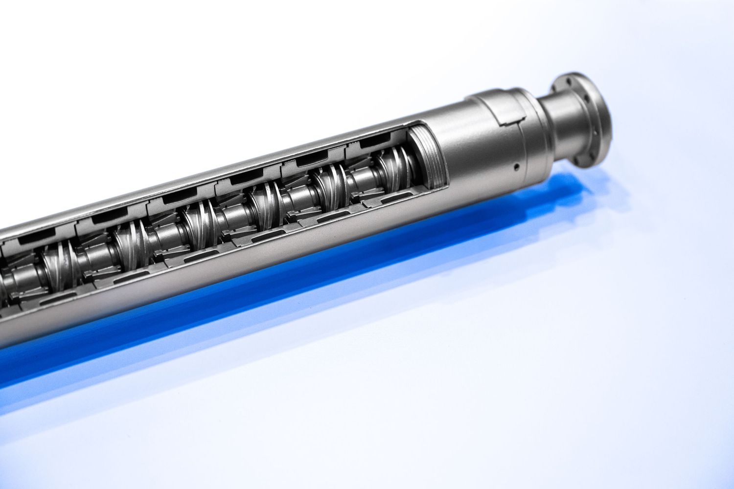 Detailed cross-section of a precision industrial roller screw mechanism on blue background.