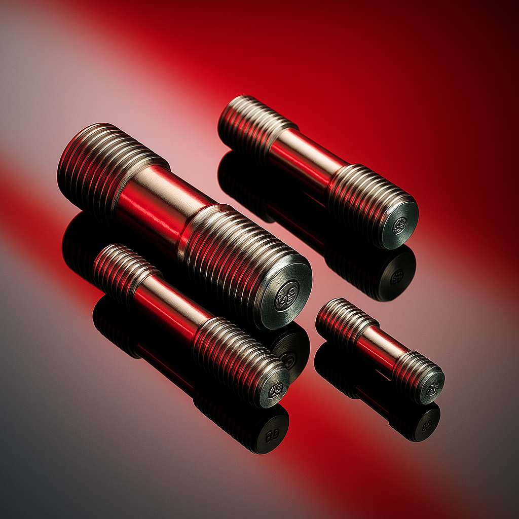 Four threaded metal studs with red accents arranged on a reflective red surface.
