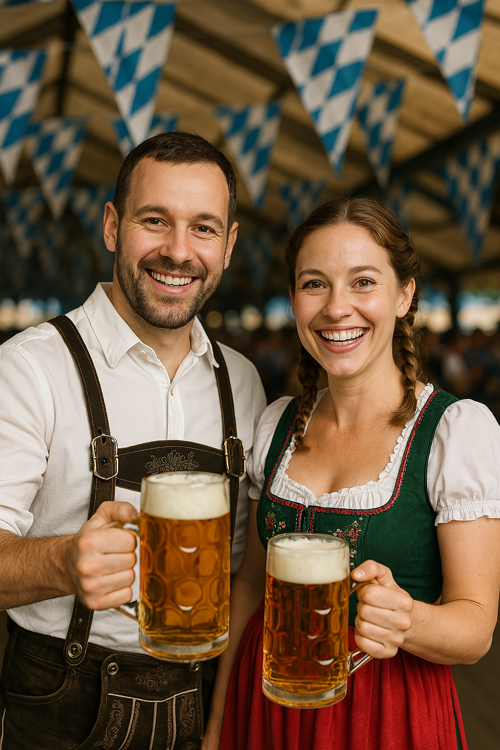 Happy couple in traditional Bavarian attire holding beer mugs at Oktoberfest celebration.