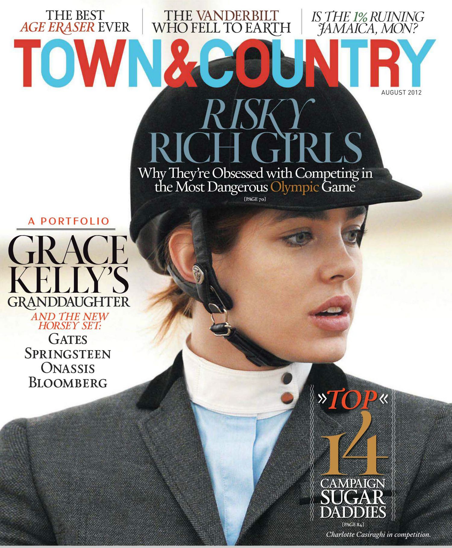 Town and Country magazine August 2012 cover featuring risky rich girls horse riding story.