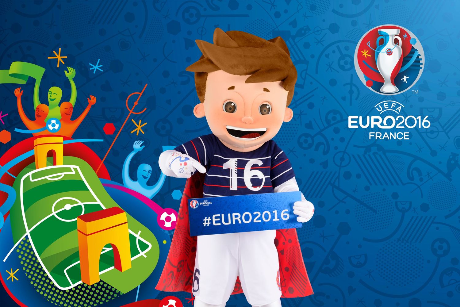 Euro 2016 France official mascot superhero character with tournament logo on blue background.