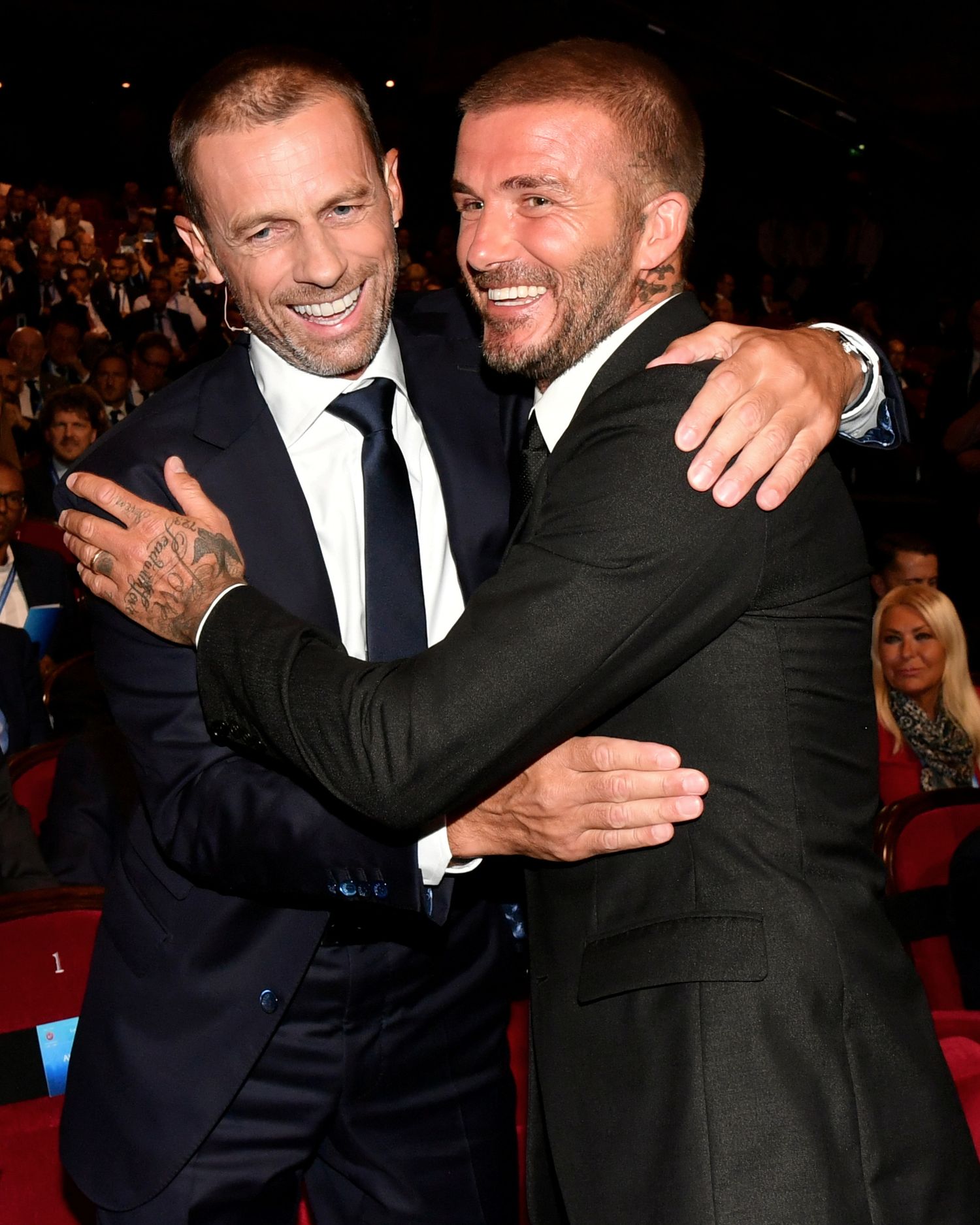 UEFA President Aleksander Ceferin and David Beckham at UEFA Champions League awards ceremony.