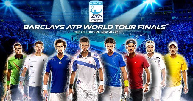 Barclays ATP World Tour Finals promotional banner featuring top tennis players at The O2 London.