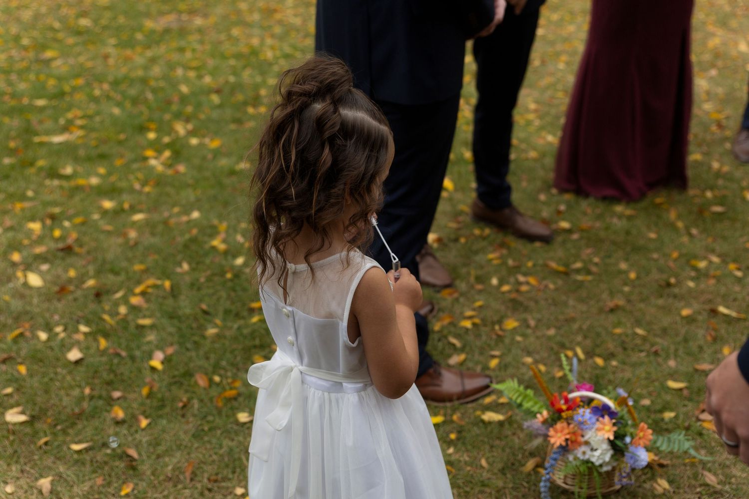 Wedding guests gather on an autumn lawn with fallen leaves scattered around at the Forestry Farm in Saskatoon, Saskatchewan.
