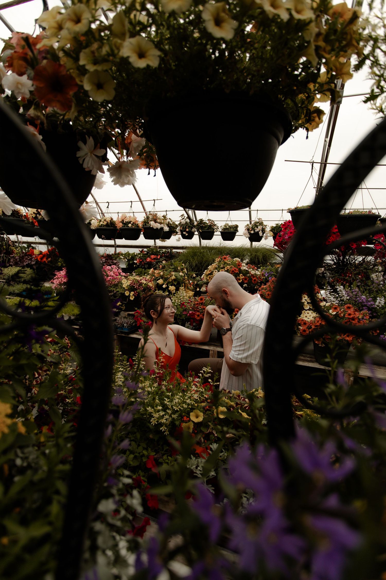 Inside a greenhouse filled with hanging baskets and colorful flowers, two people shop among lush floral displays.
