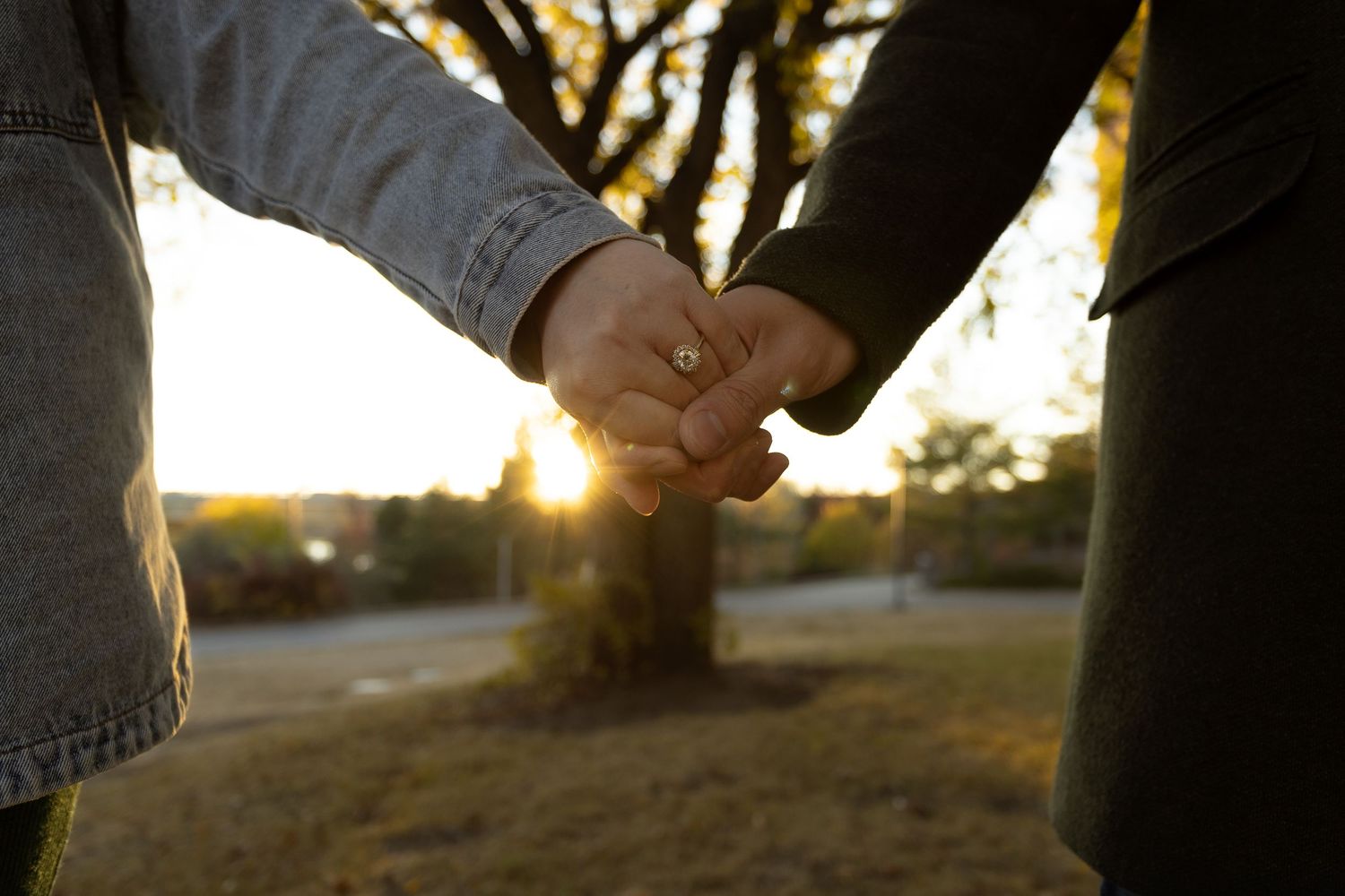 Couple holding hands at sunset in a park, with warm golden light glowing between trees in the background.