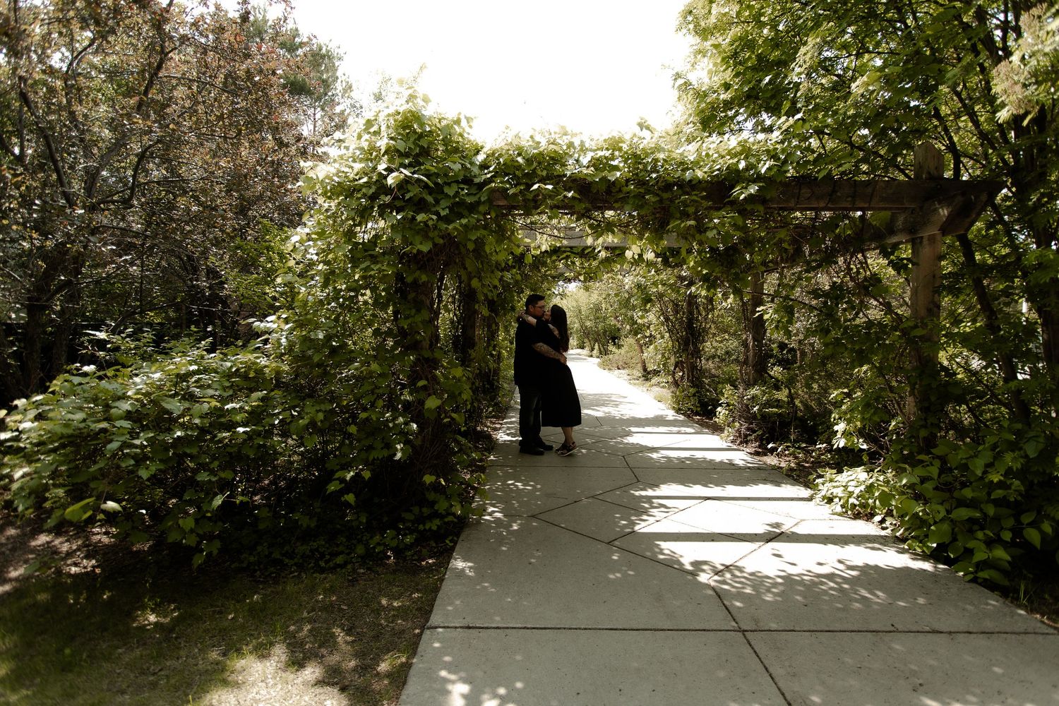 Couple embracing under a lush green pergola archway along a sunlit garden pathway.