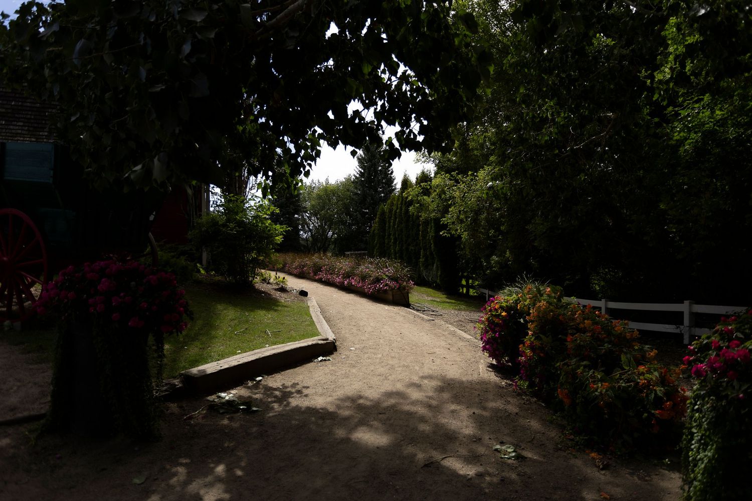 An elegant outdoor wedding venue with lush greenery and natural pathways at the Berry Barn in Saskatoon.