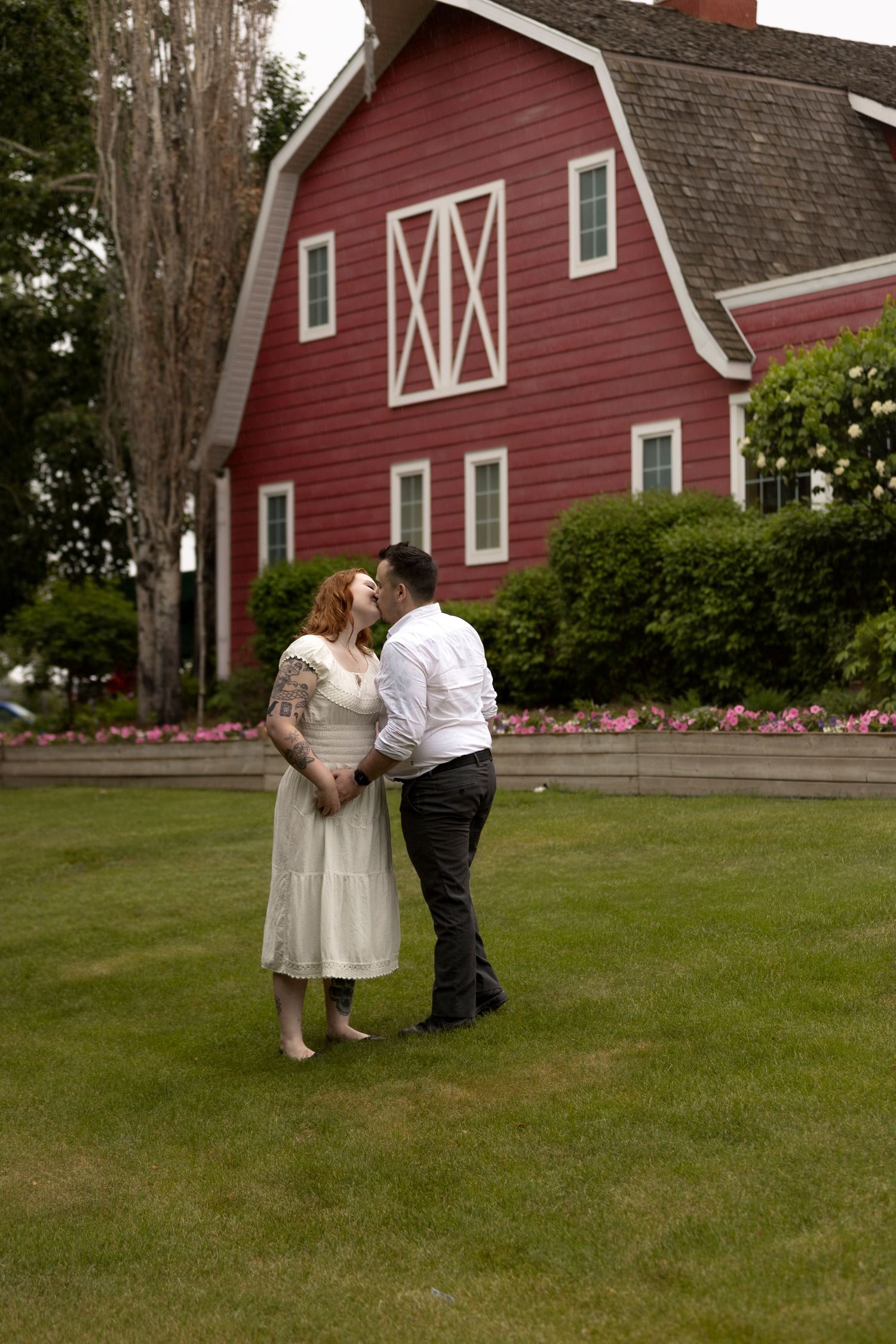 A couple shares a romantic kiss on a green lawn in front of a classic red barn.