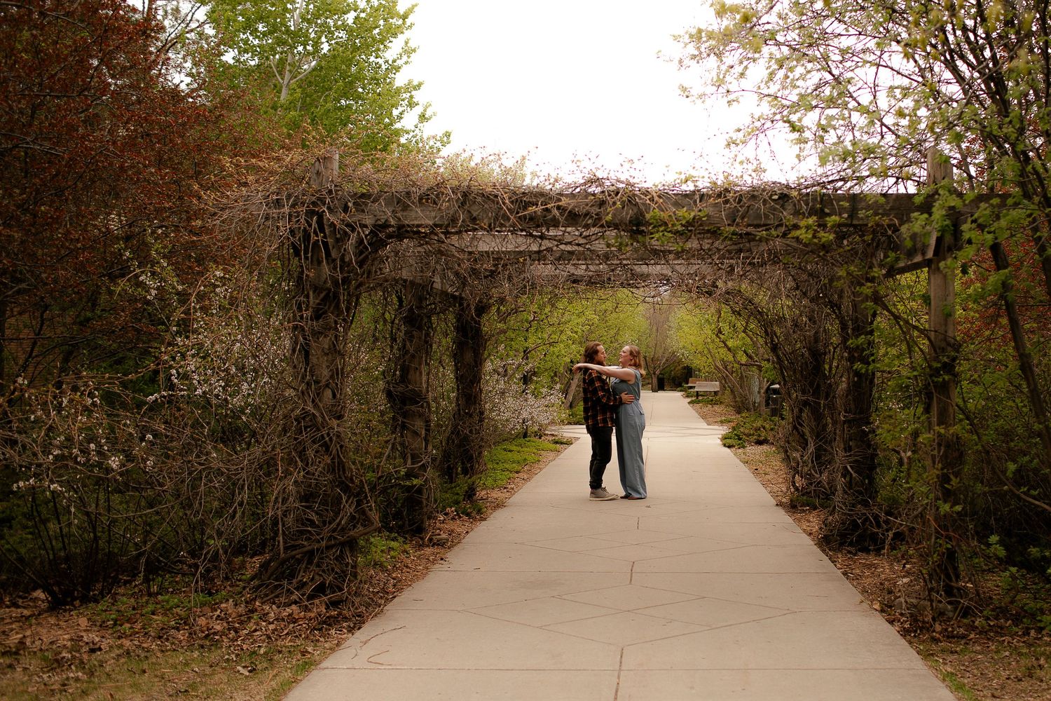 Couple walking hand-in-hand through a vine-covered archway on a paved garden path surrounded by trees.