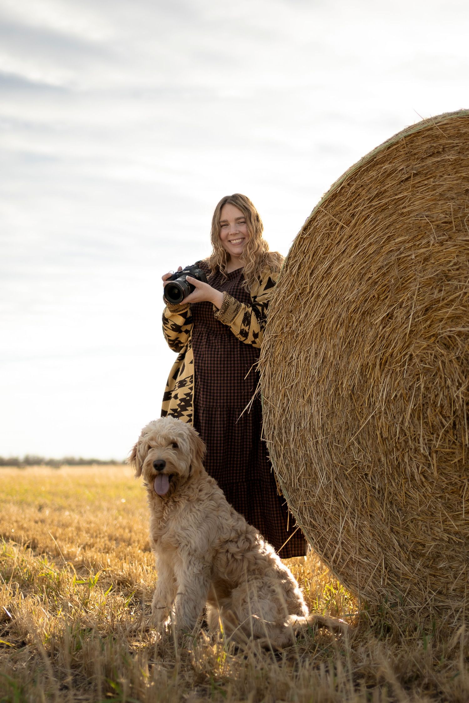 Photography session with a fluffy dog beside a large round hay bale in a golden field.
