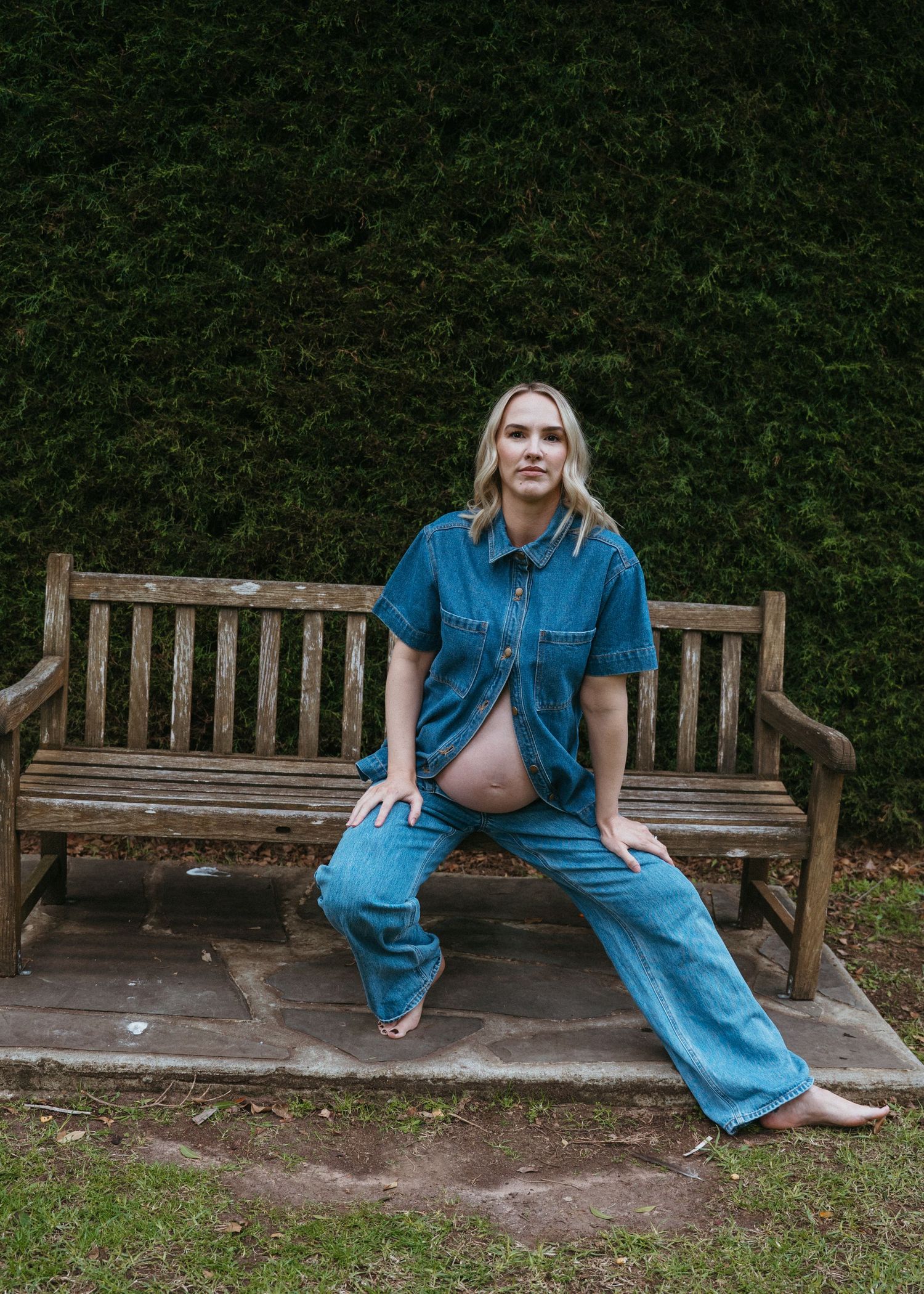 A maternity session at sunset at an Adelaide venue, wearing double denim.