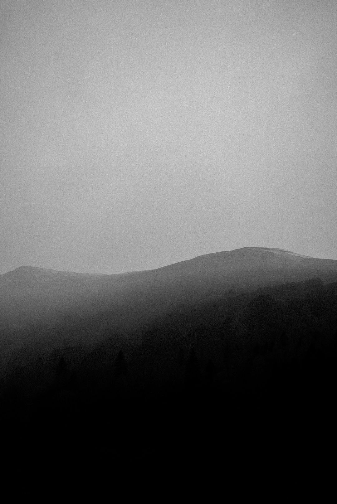 Black and white misty mountain landscape with fog rolling over dark forested hills.
