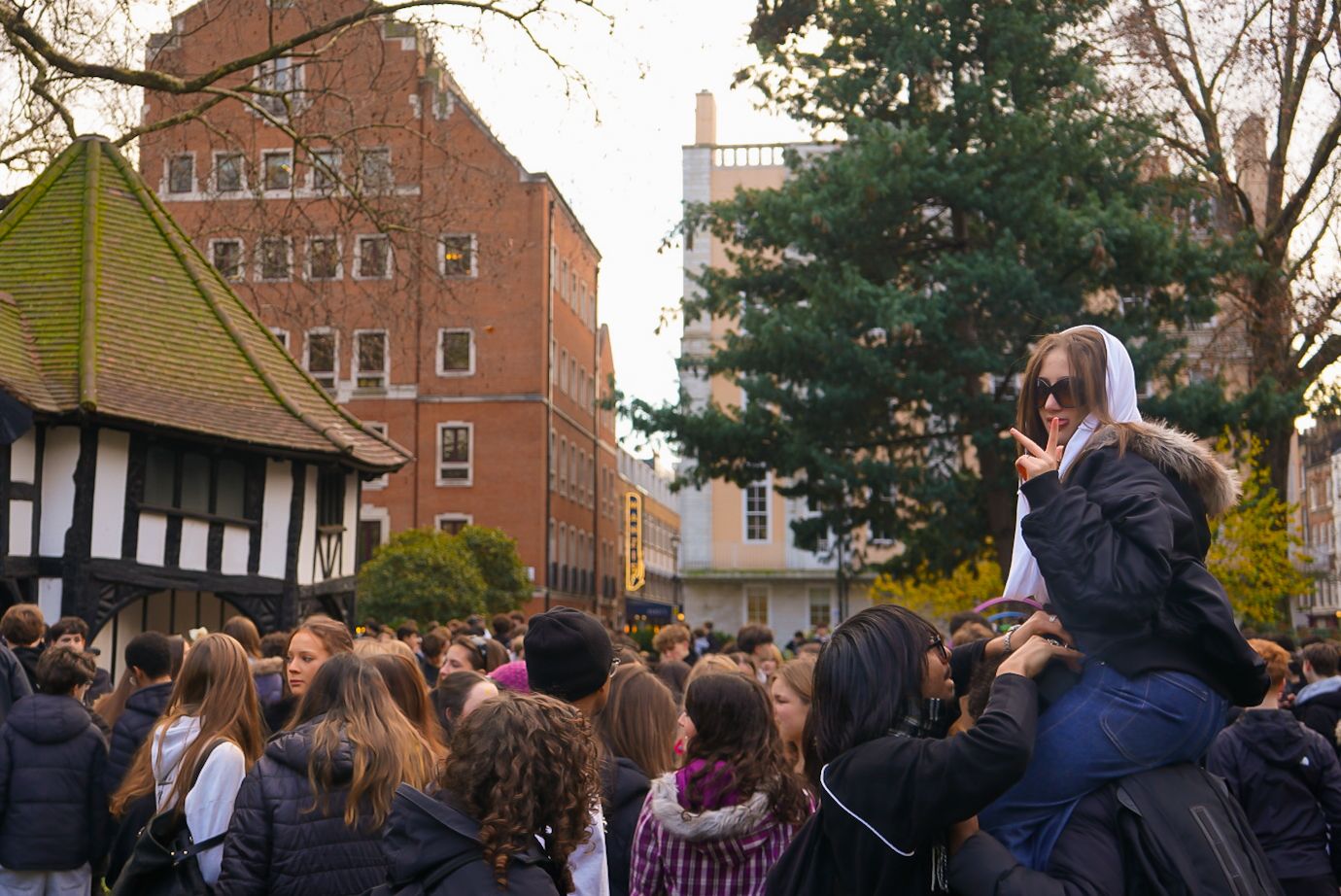 Large crowd gathered outdoors near brick buildings during a public event in London.