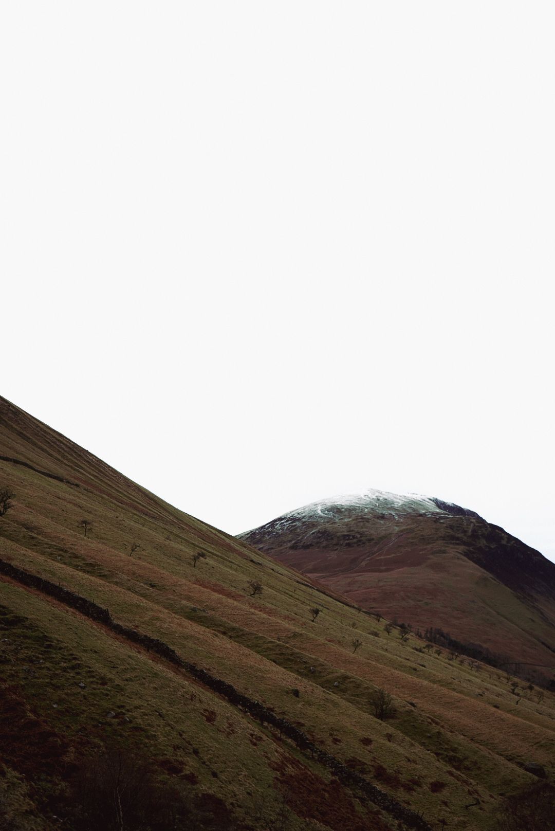 Snow-dusted mountain peak rising behind a sloping reddish-brown hillside.