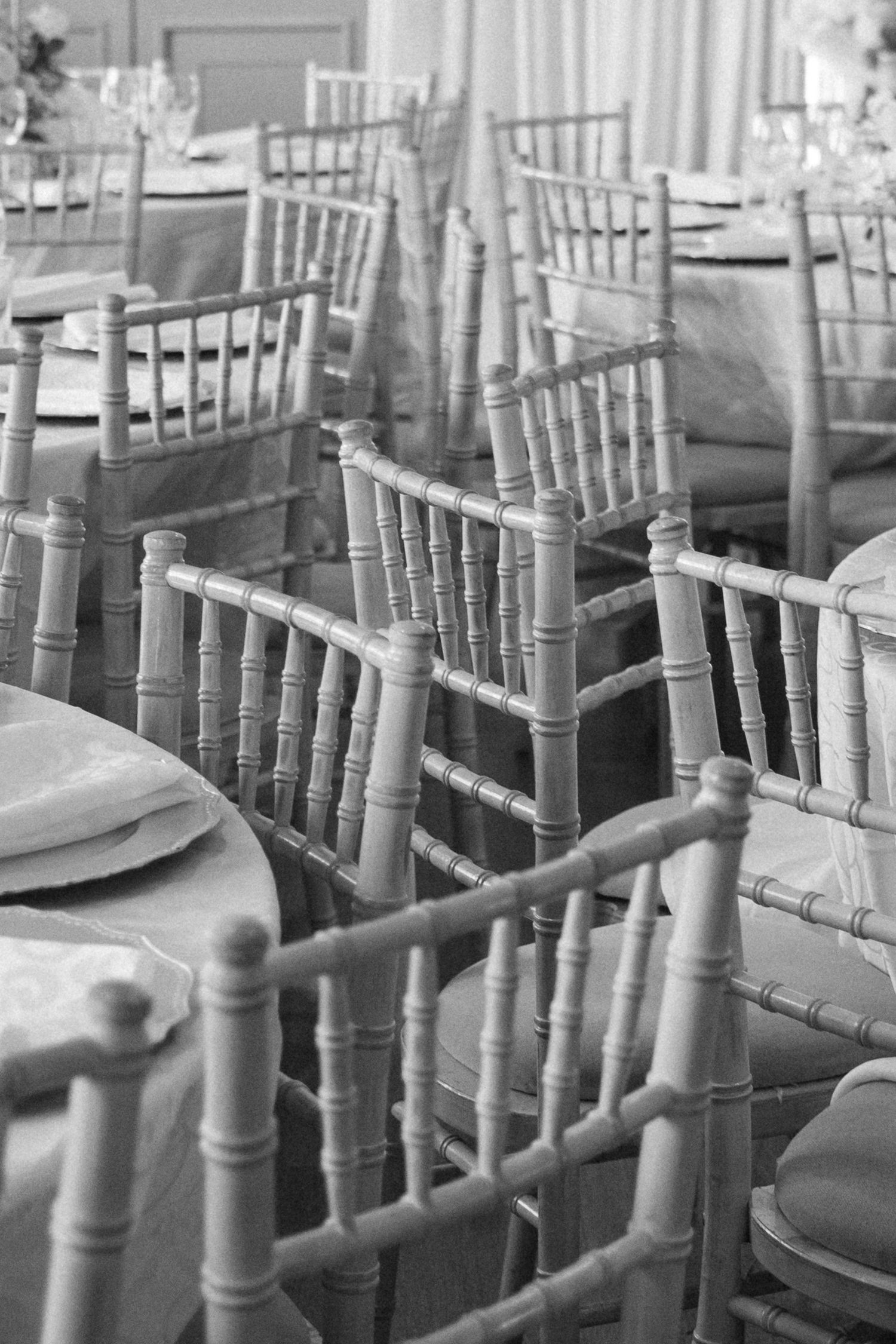 Row of elegant white Chiavari chairs set up for a wedding reception.