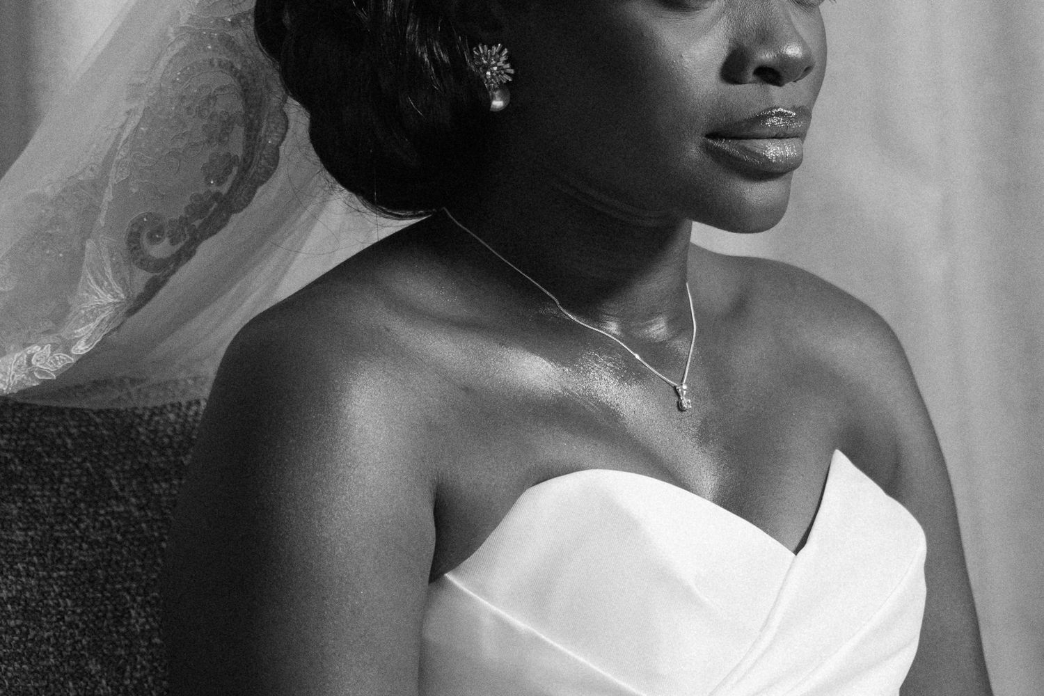 Close-up profile portraits showing elegant bridal makeup and accessories.