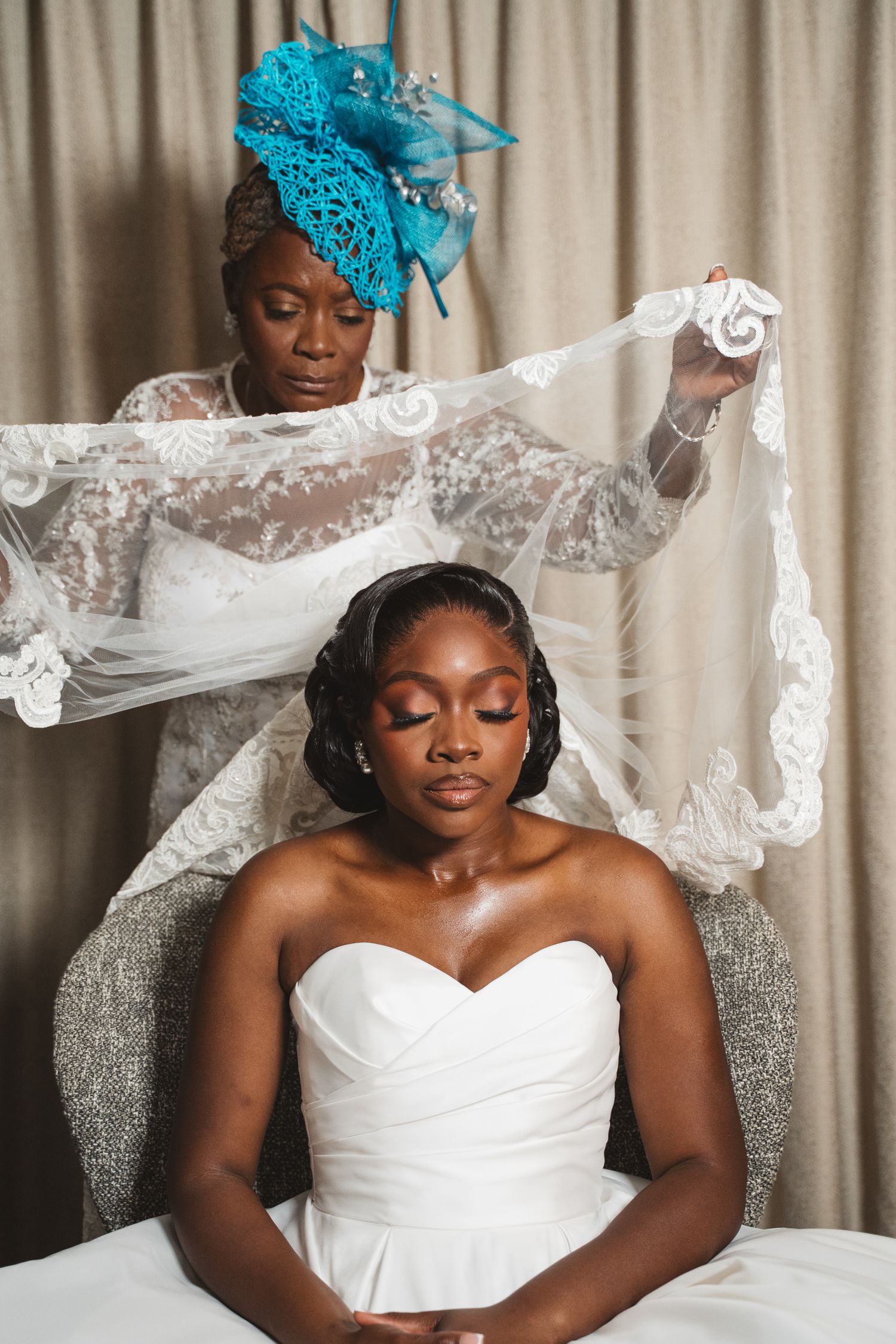A white wedding dress and turquoise headpiece are showcased in an elegant bridal preparation sequence.