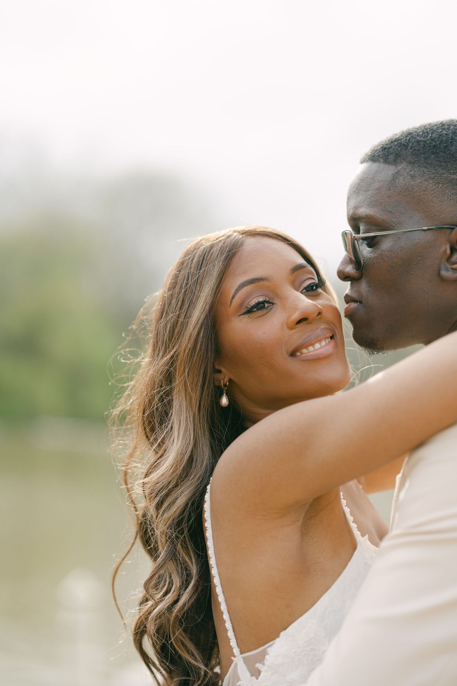 Romantic close-up of a tender moment between newlyweds.
