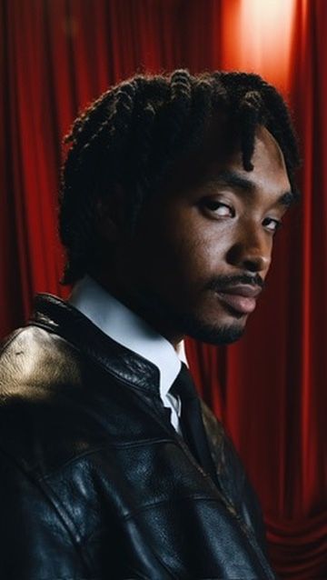 Young man with braided hair wearing a black leather jacket poses against a red curtain backdrop.