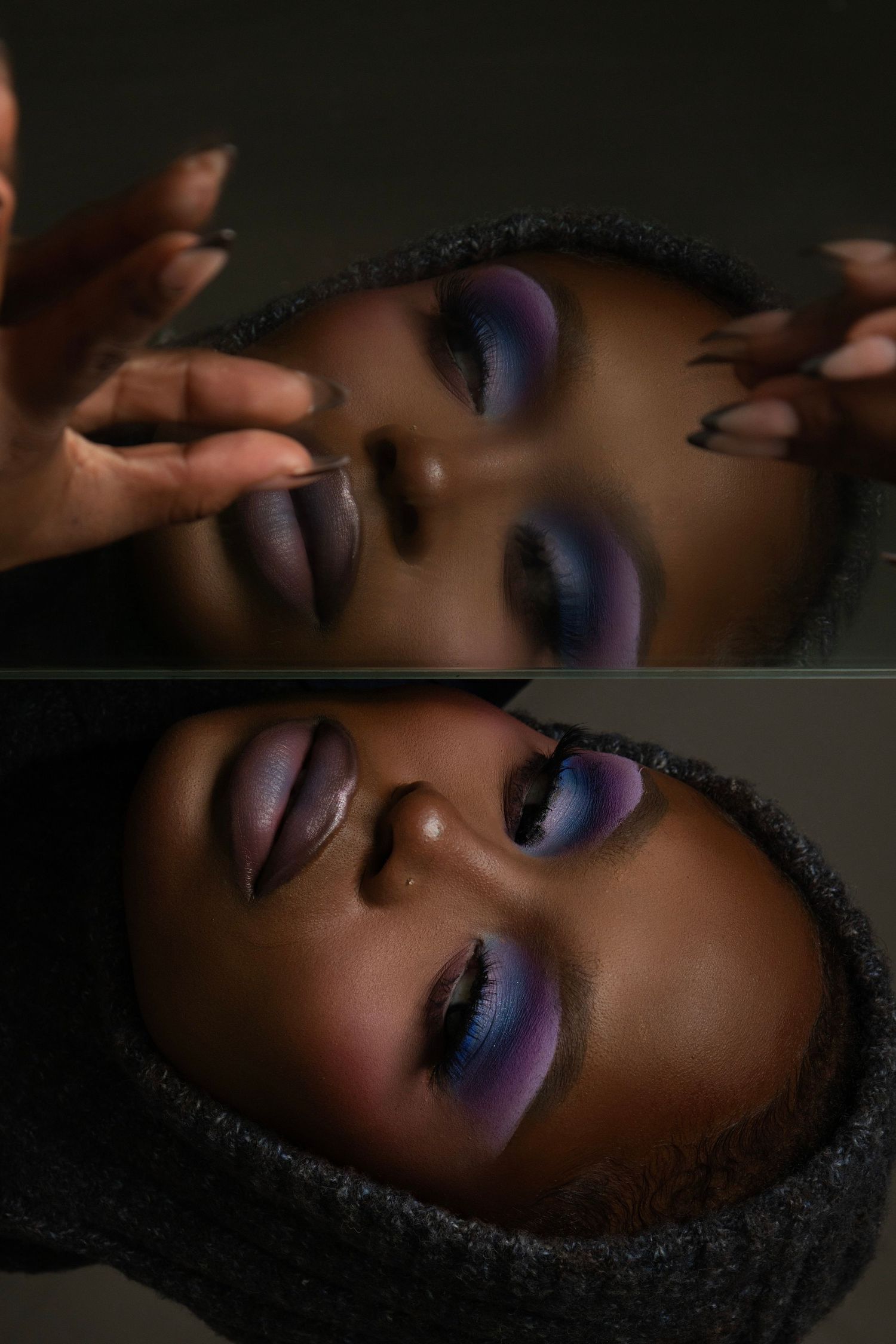 Woman with dark skin wearing a gray hood, showcasing bold purple and blue smokey eye makeup in a dramatic split photo.