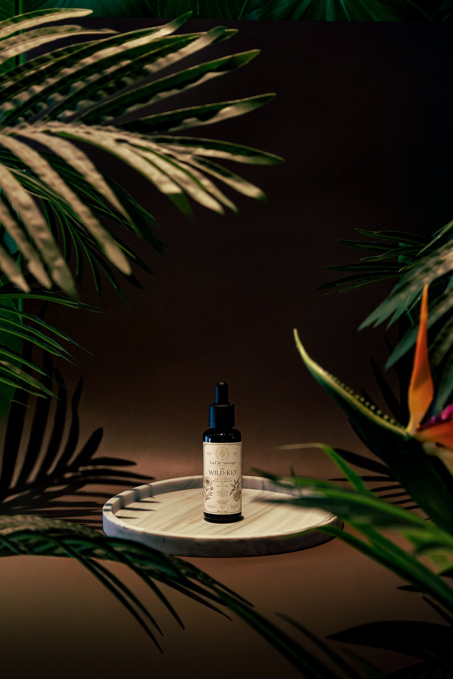 A small botanical serum bottle on a wooden tray surrounded by lush tropical palm leaves in dramatic moody lighting.