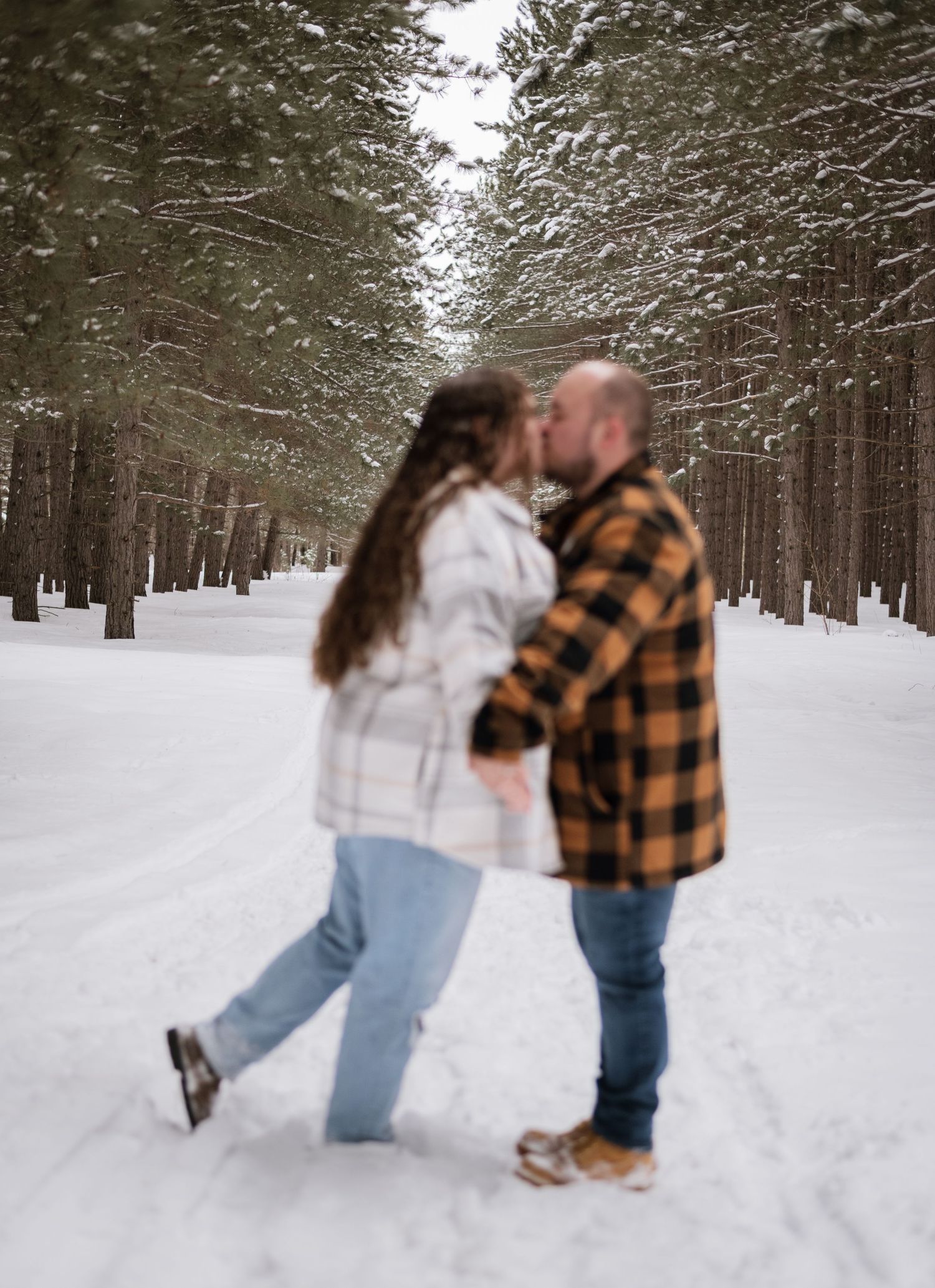 Couple kissing on a snowy forest path surrounded by tall pine trees in winter.