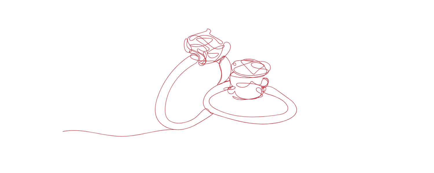 Minimalist red line drawing of two elegant diamond engagement rings with floral details on a white background.