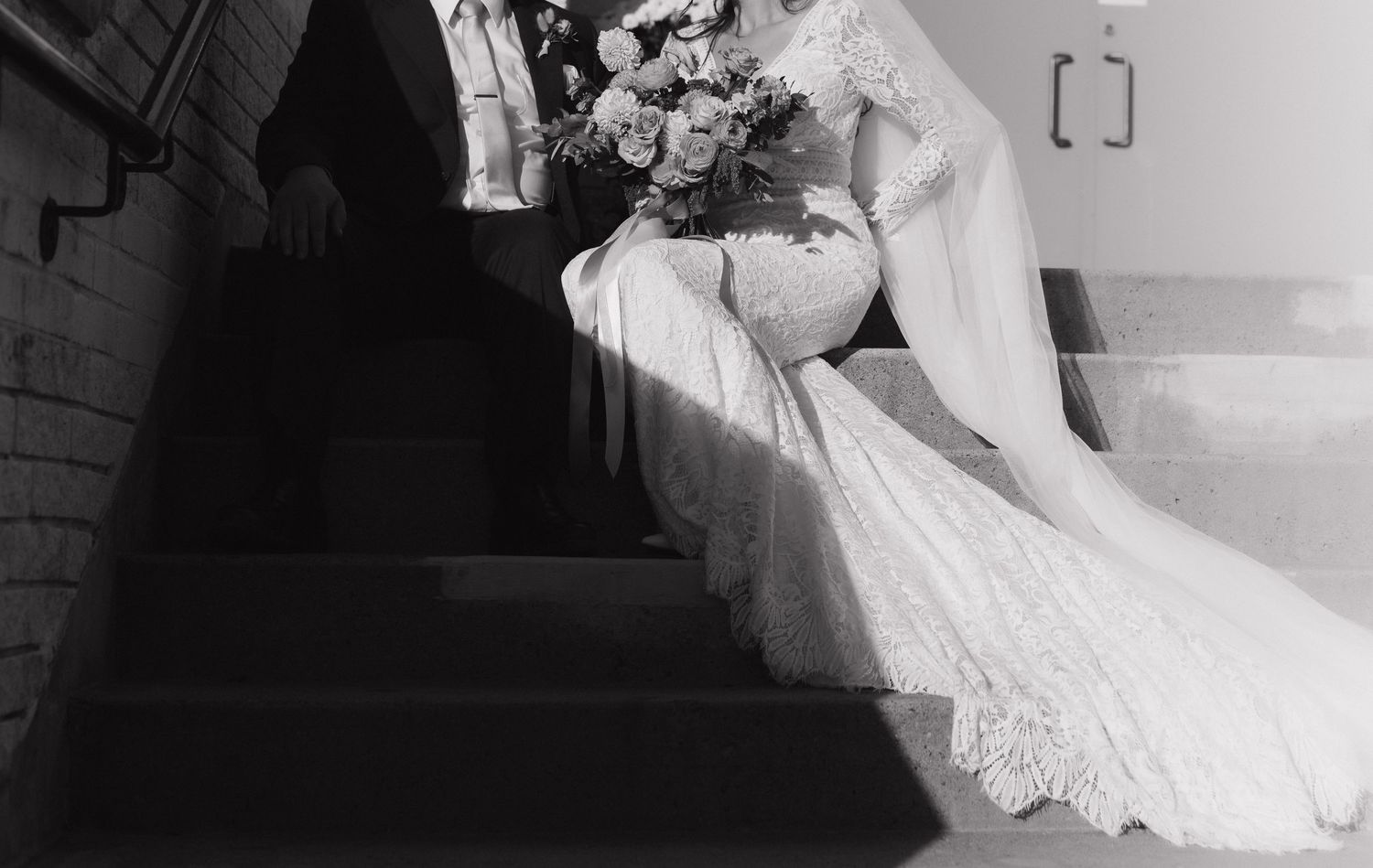 A romantic black and white wedding photo collage showing intimate moments between a bride and groom.