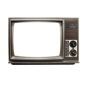 Vintage retro analog television set with dials and blank white screen isolated on white background.