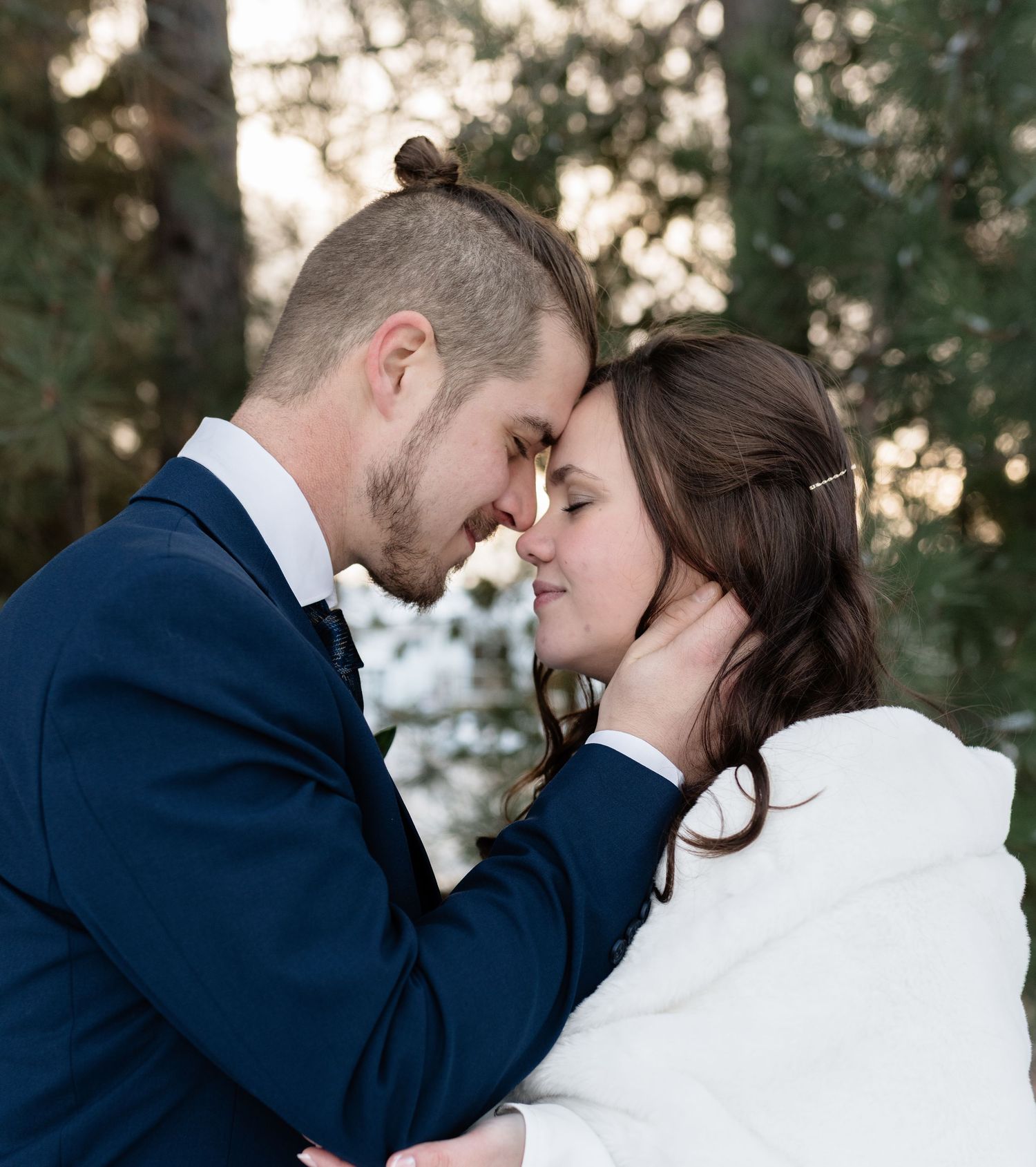 Romantic winter wedding photography sequence showing tender moments between newlyweds.