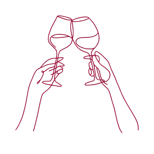 Minimalist line art of two hands raising wine glasses in a celebratory toast, drawn in pink on white.