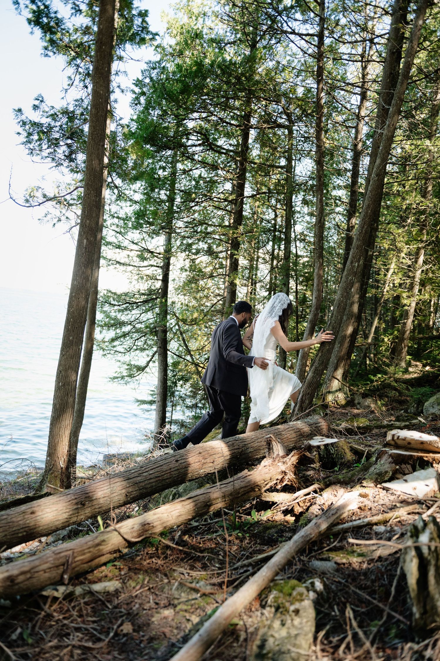 Bride and groom walk through pine forest near lake, navigating fallen logs together.