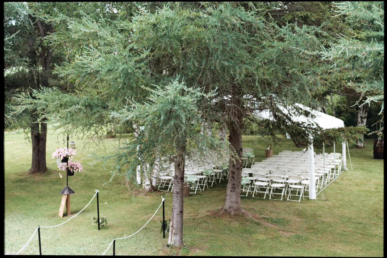 Outdoor wedding ceremony setup with white chairs and canopy tent on lush green lawn surrounded by tall trees.