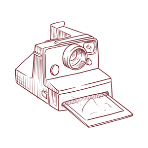 Vintage Polaroid instant camera sketch illustration with photo ejecting, drawn in red line art style on white background.