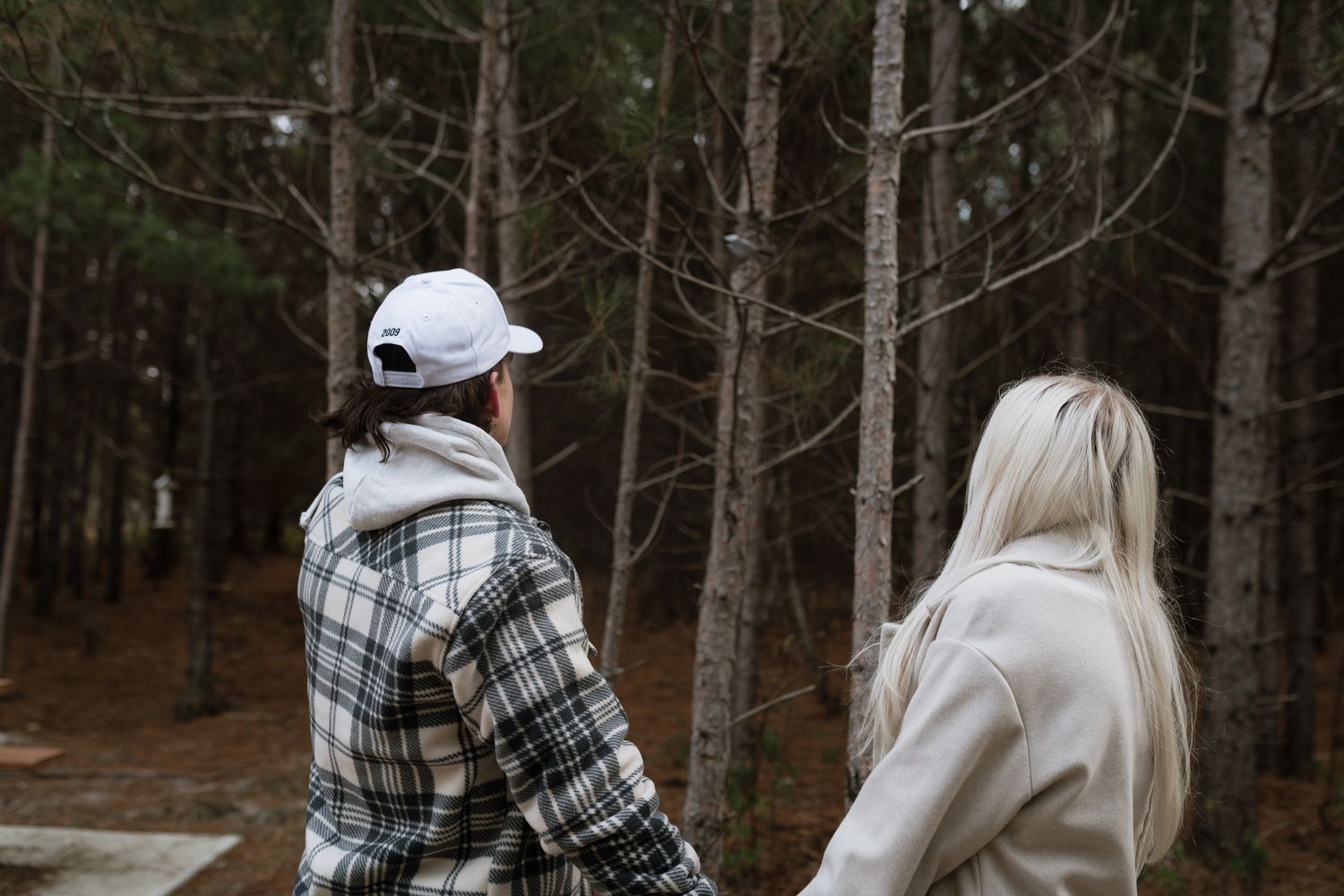 Two people walking through a pine forest, one wearing a plaid jacket and white cap, the other in a beige coat.
