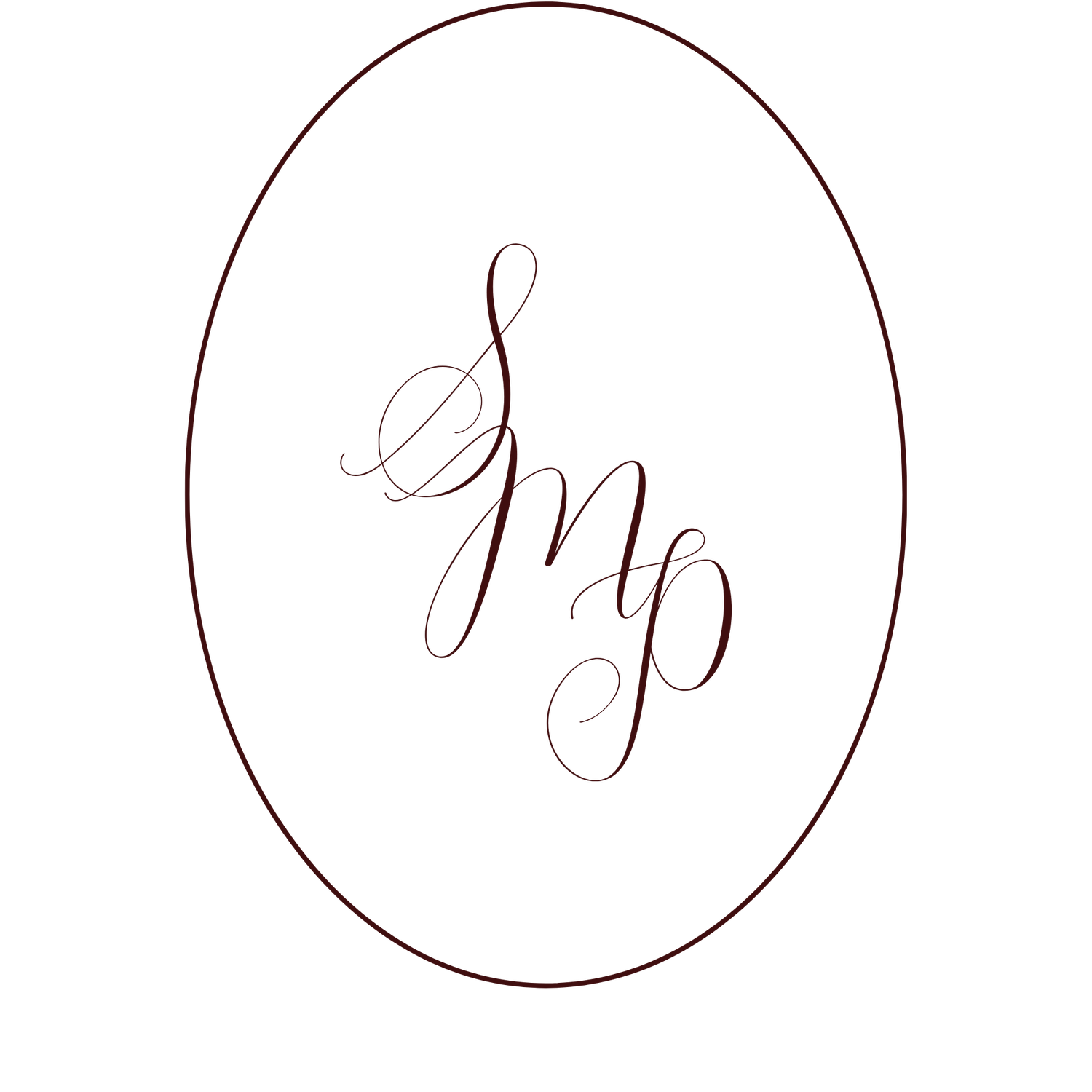 Elegant oval monogram logo featuring intertwined cursive letters S, M, P in dark burgundy on white background.