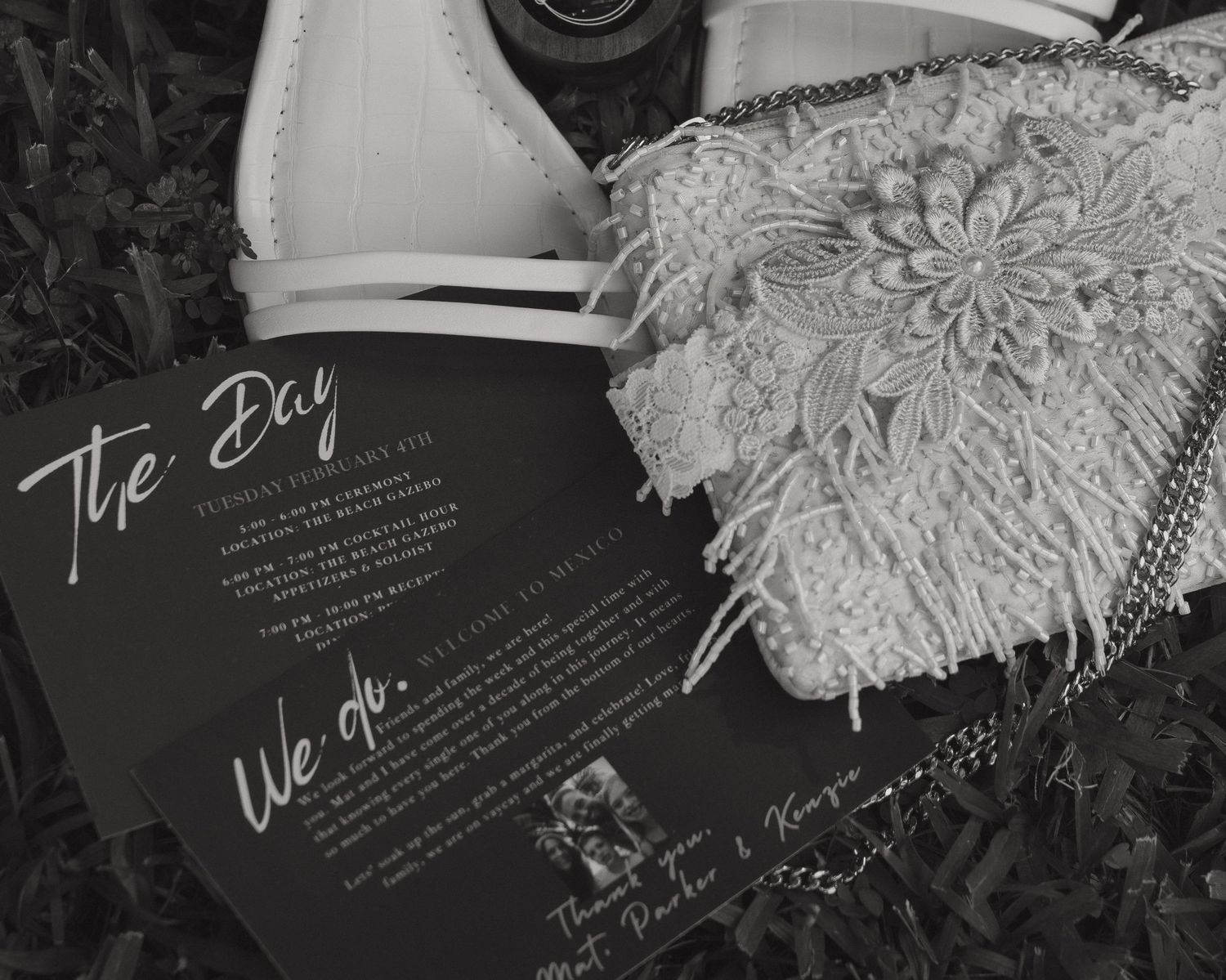 Black and white wedding stationery with elegant typography and design elements.