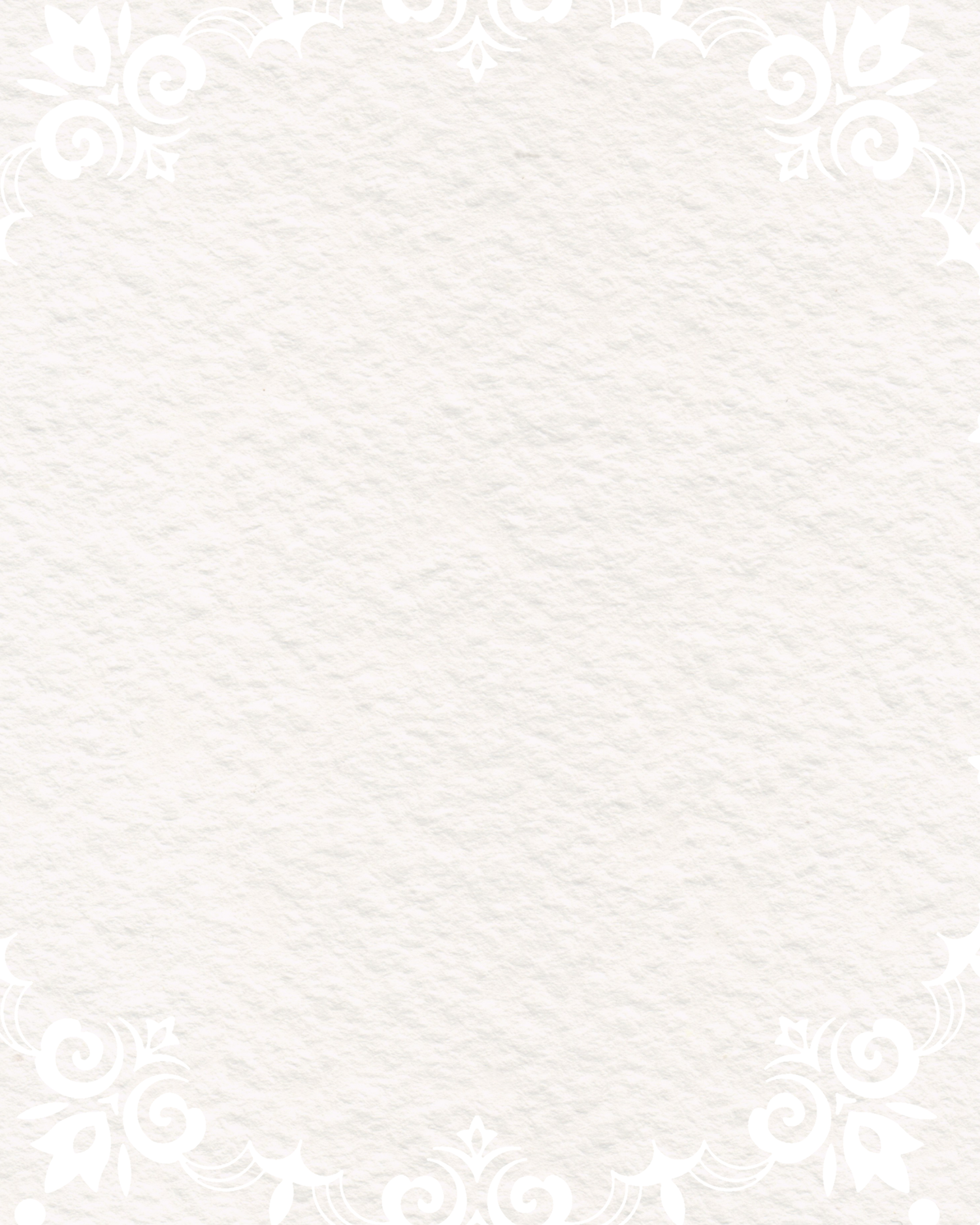 White textured paper background with elegant decorative floral corner borders in subtle white embossed design.