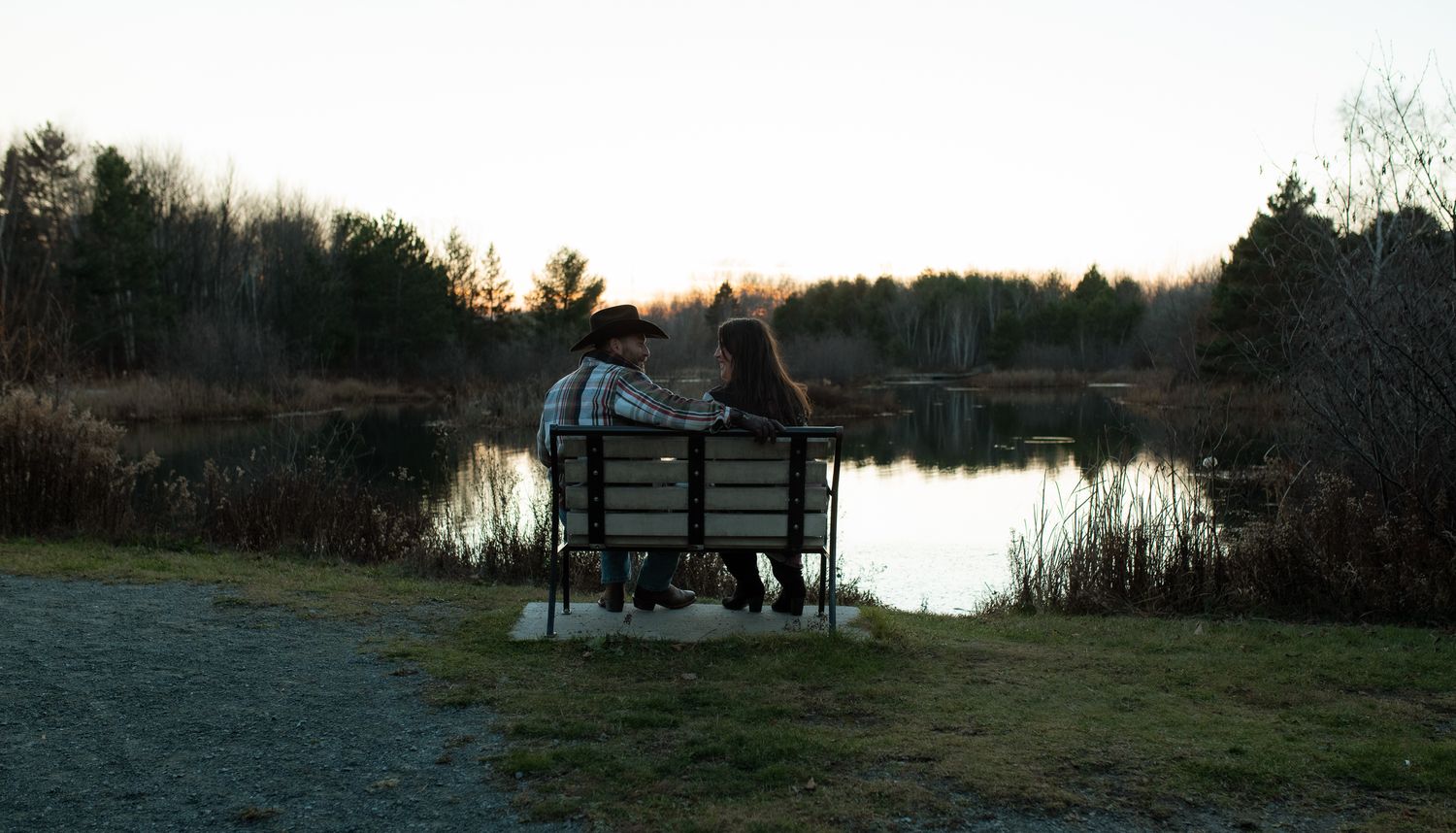 A series of scenic sunset photos showing a tranquil lake with silhouettes of trees and a dock in the distance.