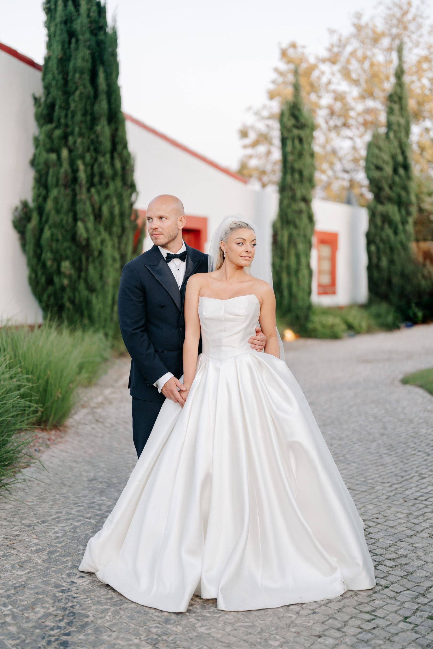 bride and groom sunset portrait