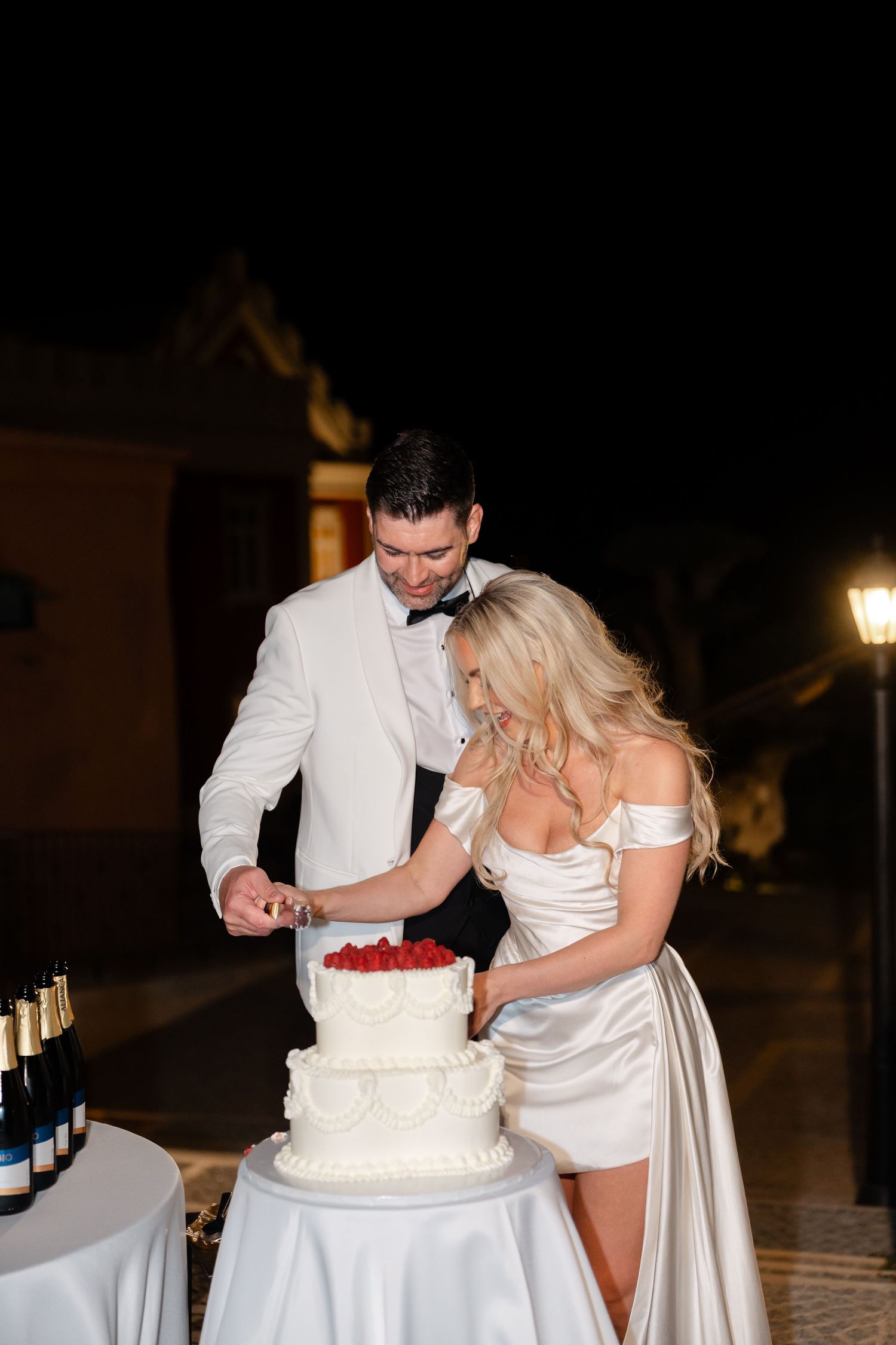 groom cuting the cake wedding celebration