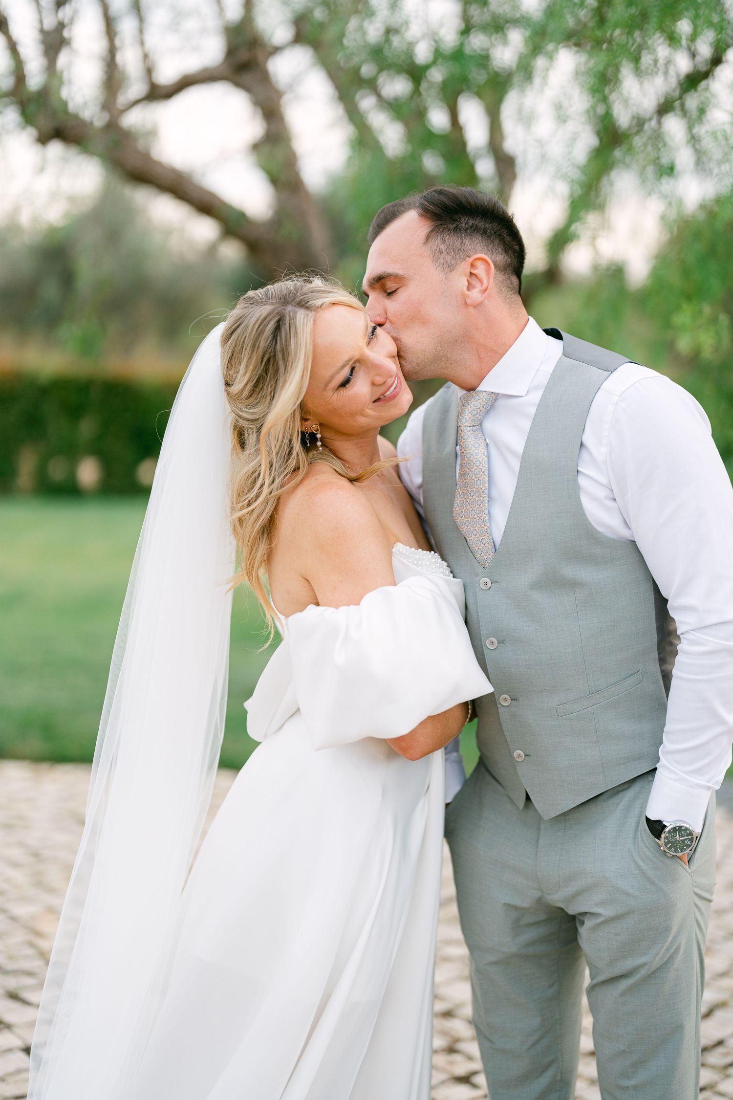 bride and groom walking portrait