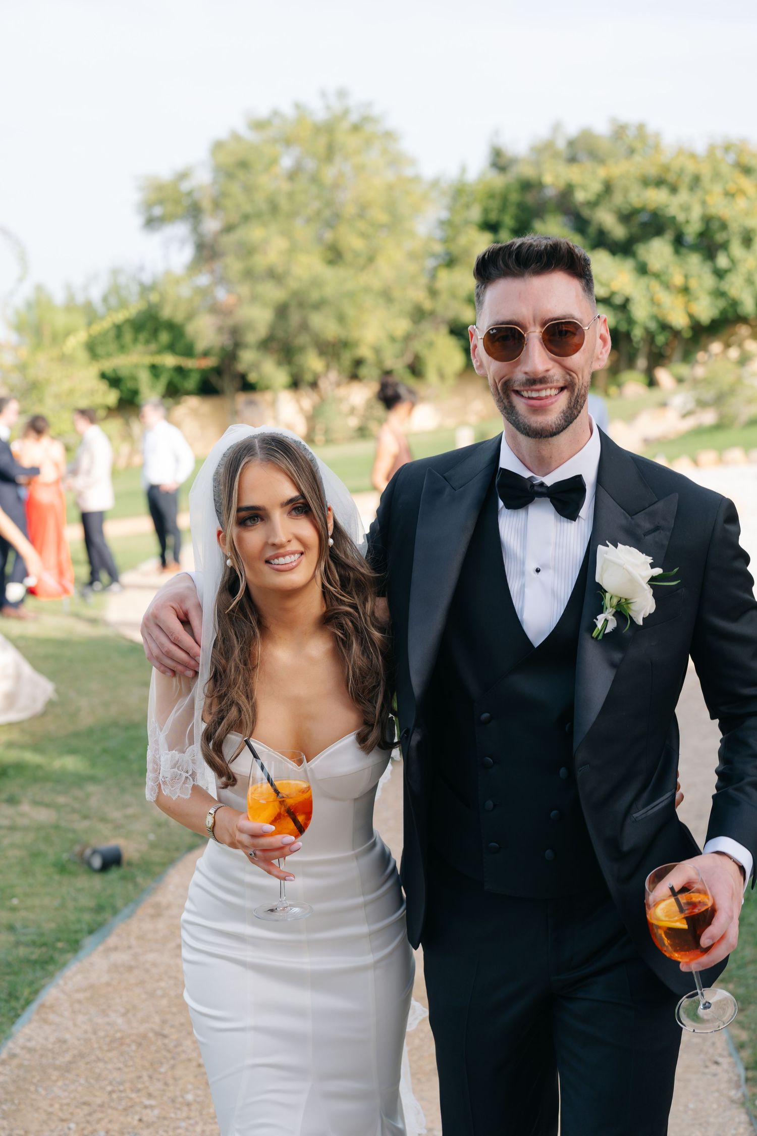 bride and groom laughing