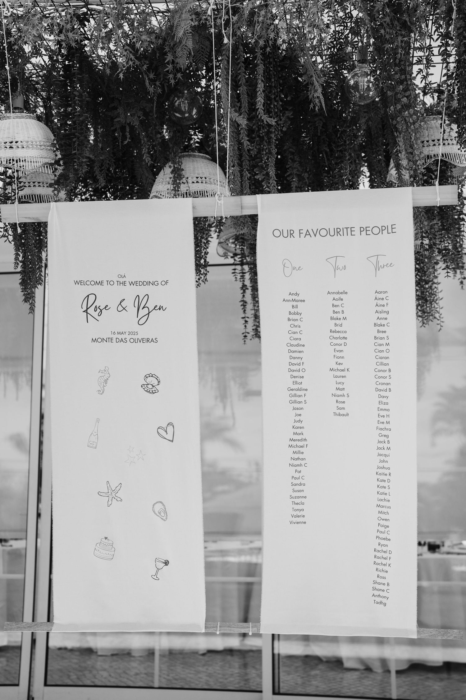 Wedding seating chart displays with guest names printed on white paper panels.