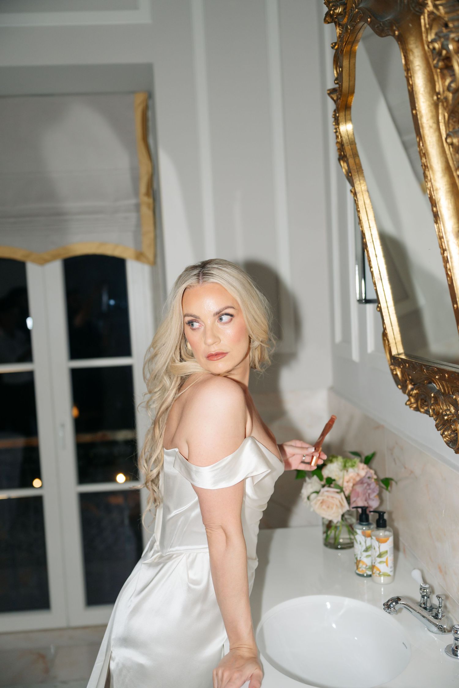 bridal dress hanging window