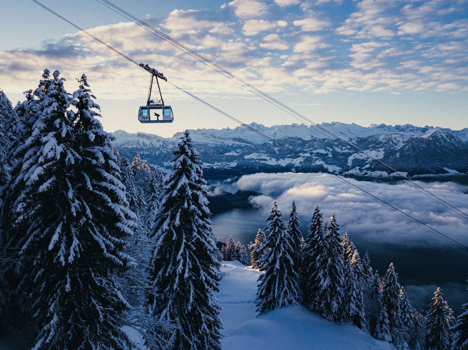 Born from a collaboration between director Timon Bachmann and Fabiano Mancesti, this image depicts a skier in an open cabin in Rigi Kaltbad.